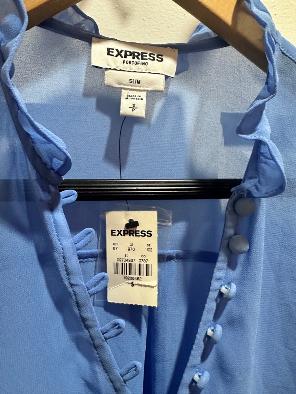 Express Blue Ruffle-Trim Button Blouse - Picture 5 of 6